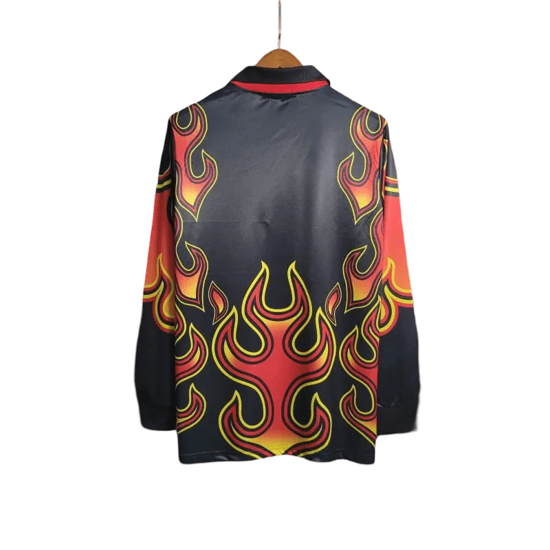 Japan goalkeeper jersey 1998 showing dramatic red and yellow flame graphics with authentic JFA badge and vintage construction