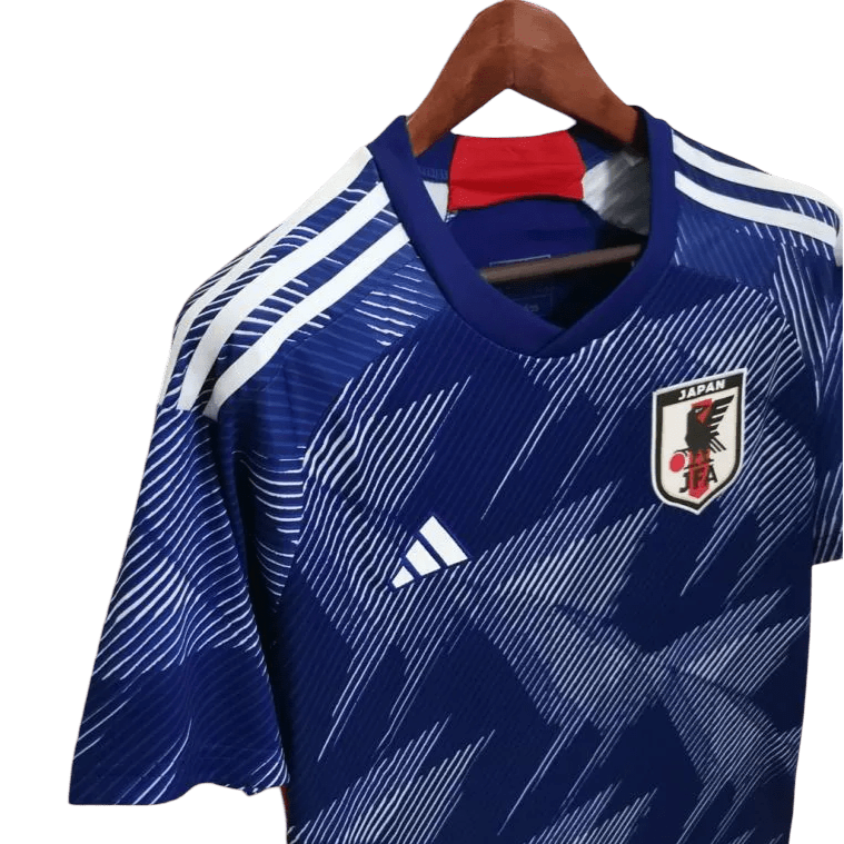 Japan jersey 2022 home showing blue colorway with geometric graphics worn during victories over Spain and Germany