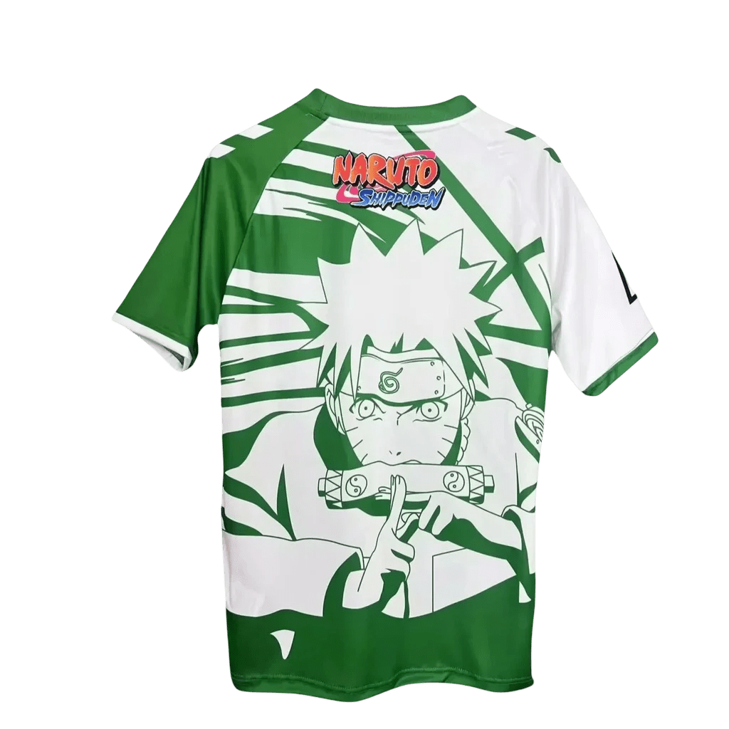 Premium anime soccer jersey featuring Real Betis green stripes with Naruto integration and authentic La Liga construction