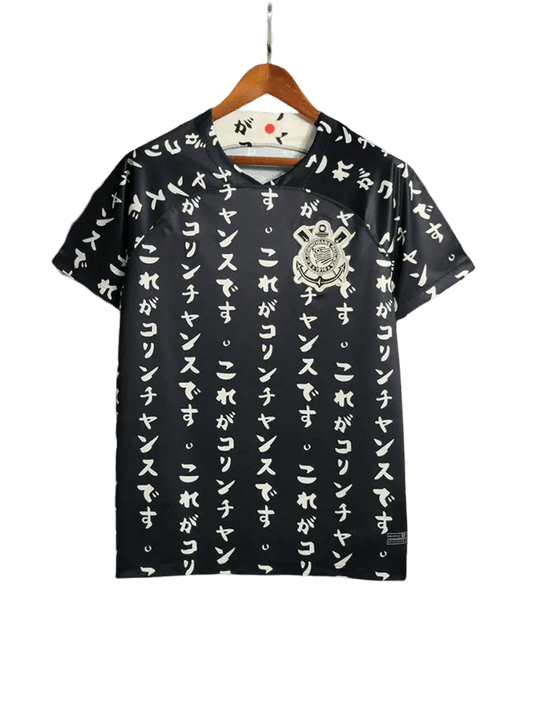 Corinthians jersey black japanese edition featuring white katakana text pattern with official club badge alternative colorway design