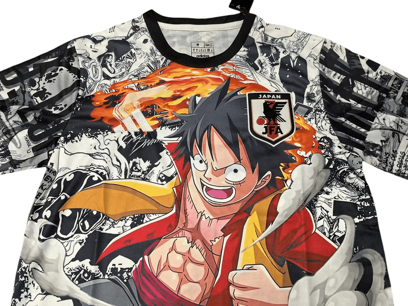 Bold Luffy soccer jersey with authentic One Piece manga panels creating detailed background story