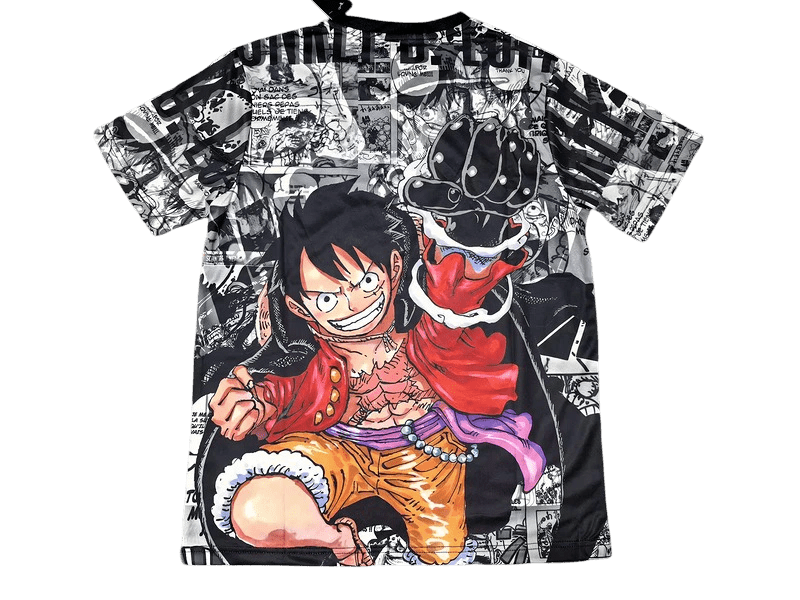 One Piece manga collage jersey showing Luffy red vest action pose with authentic story panels