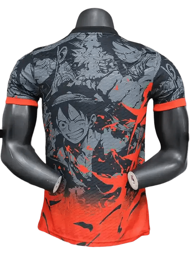 One Piece Luffy Gear 2 soccer jersey featuring Second Gear steam artwork and Japan football badge