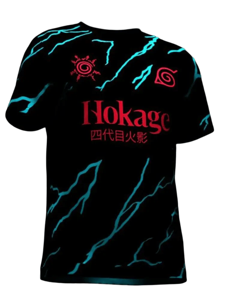 Naruto Hokage Black Jersey with electric cyan energy and Fourth Hokage calligraphy representing leadership evolution by NipponKits