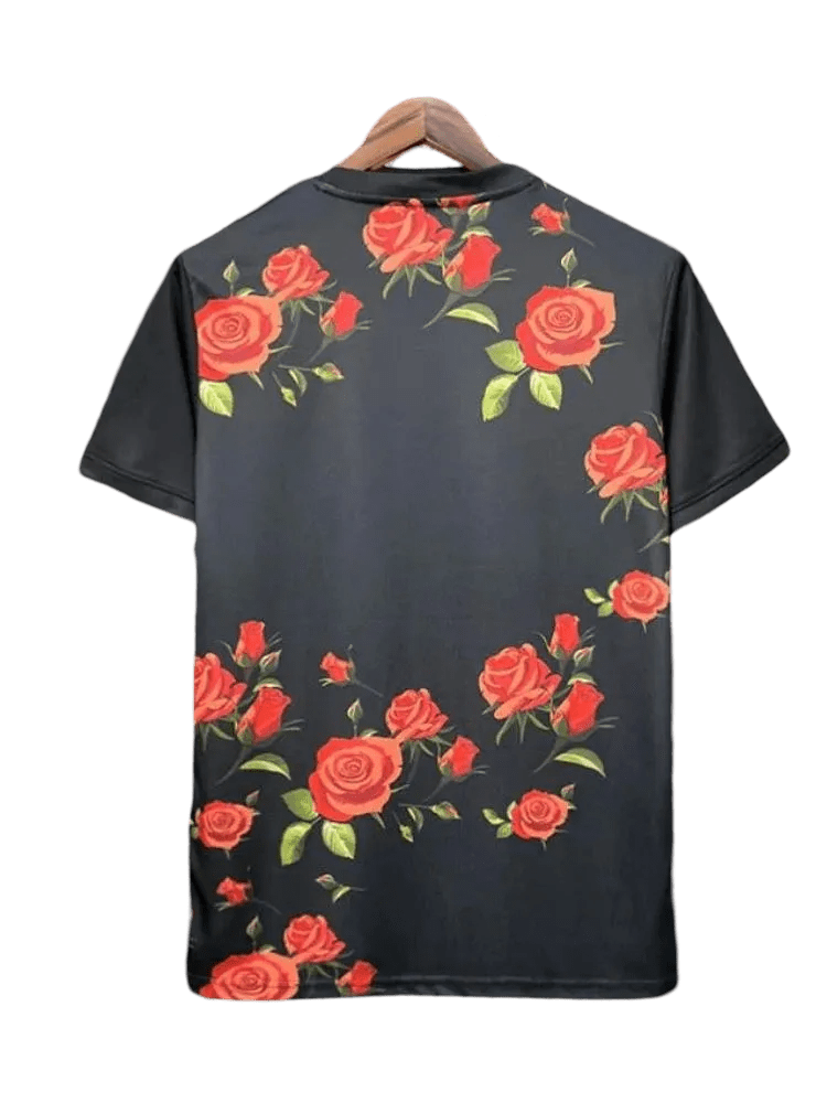 Japan flower football shirt showing dramatic red roses with green leaves creating artistic floral representation