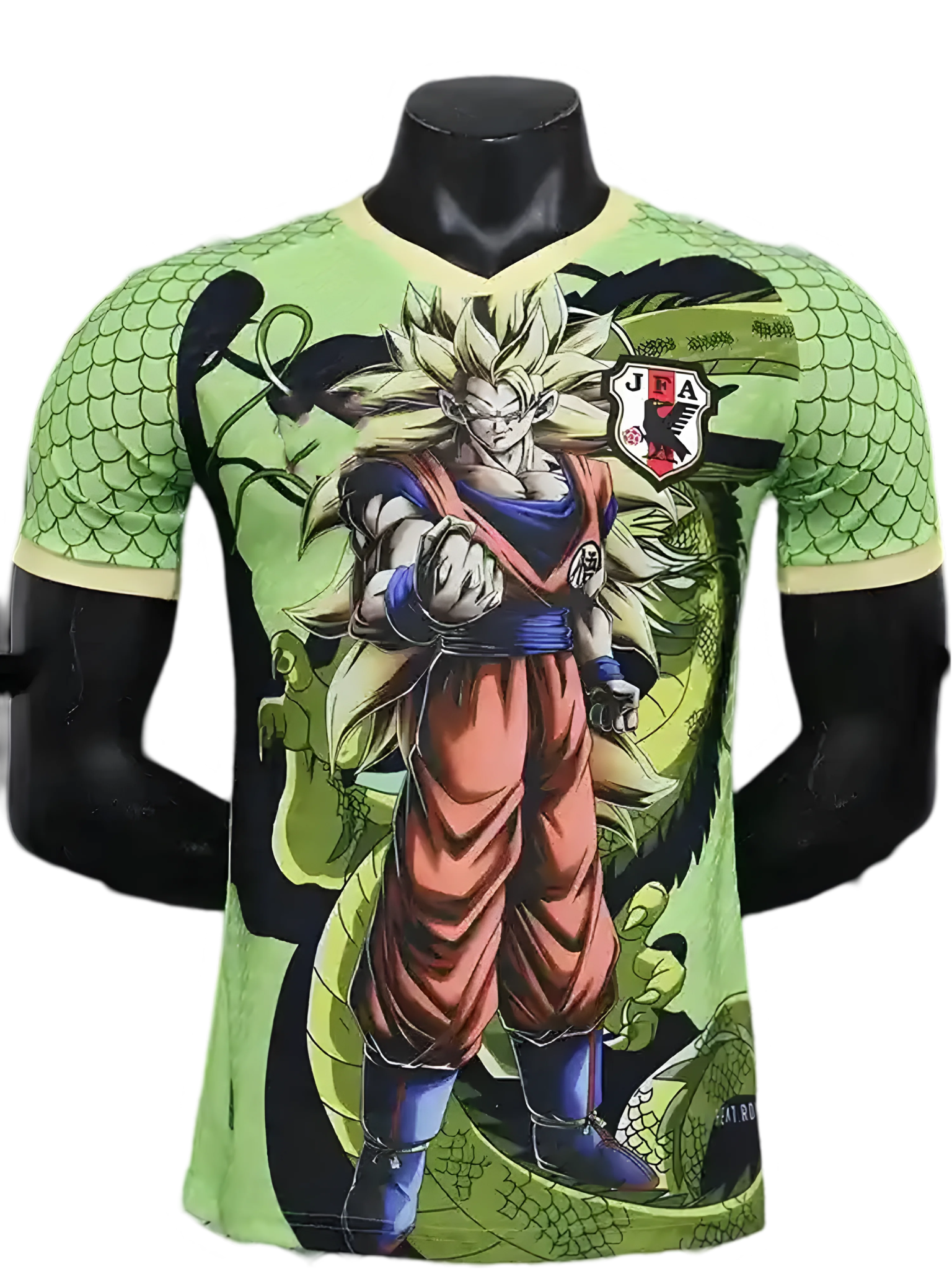 Japan Goku green jersey with Super Saiyan Goku artwork and Shenron dragon design