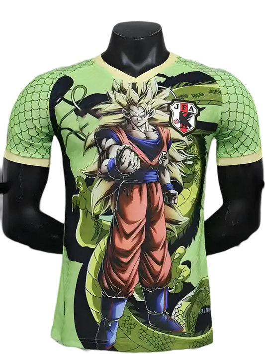 Japan Goku green jersey with Super Saiyan Goku artwork and Shenron dragon design