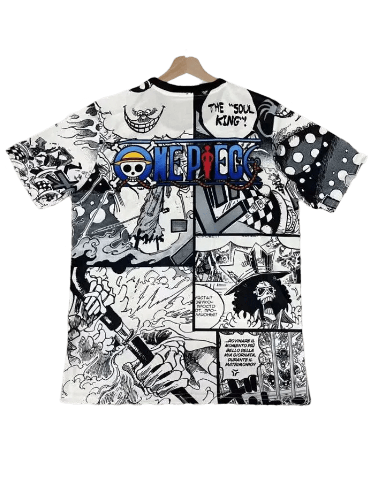 One Piece Brook t shirt featuring skeletal musician with top hat and detailed story panels