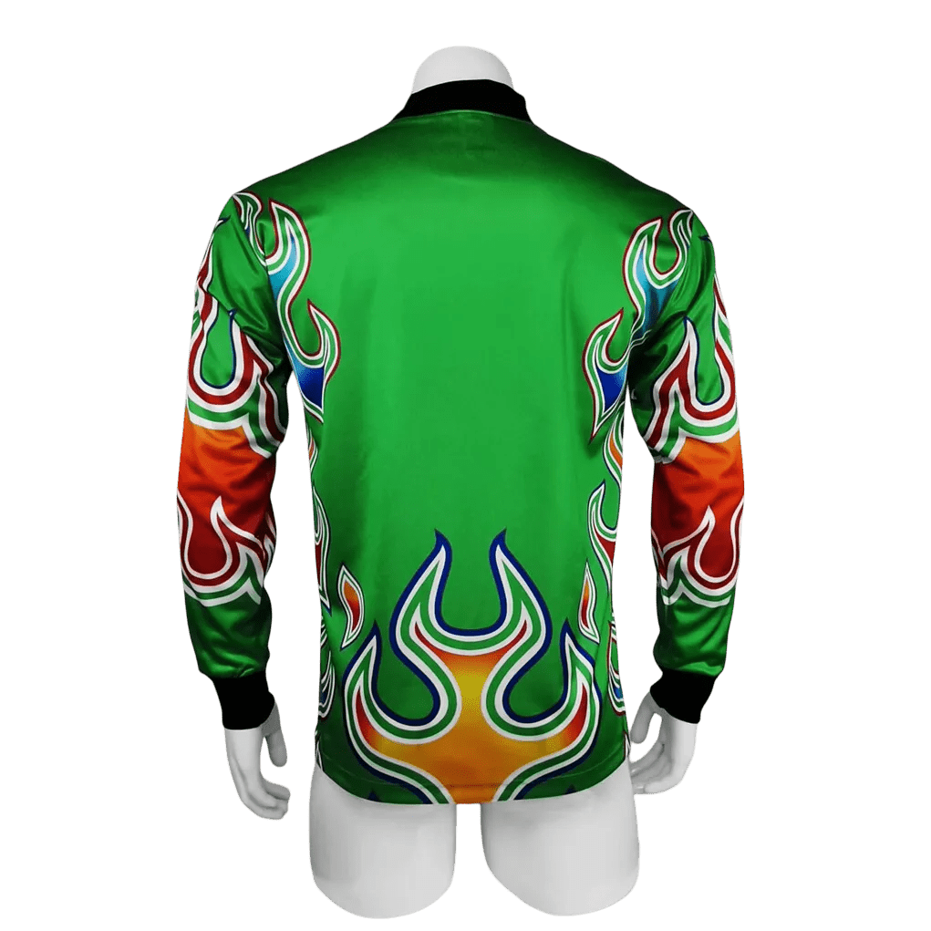 Japan 1998 green goalkeeper long sleeve jersey asics World Cup edition with gold red white flame pattern