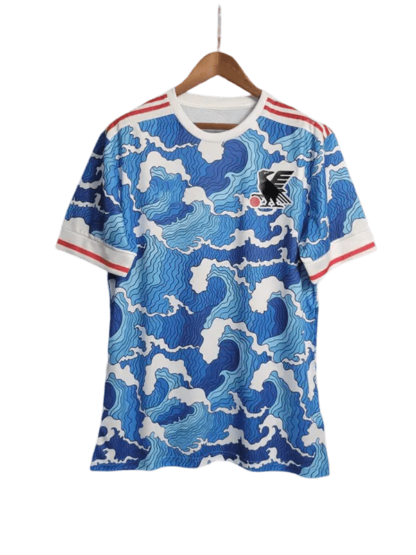 Japan football shirt waves featuring iconic Hokusai Great Wave pattern with traditional blue and white cultural design