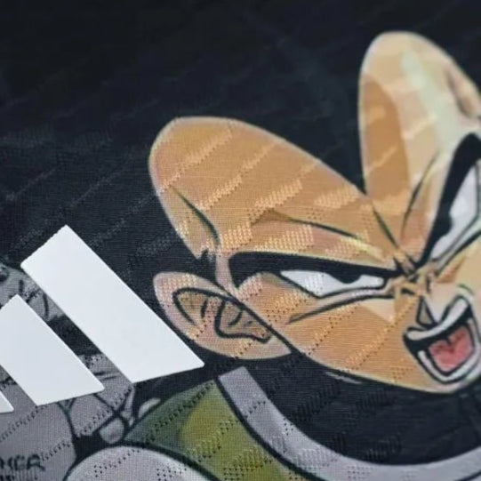 Japan soccer jersey with Vegeta Saiyan armor design combining manga art and authentic JFA football branding