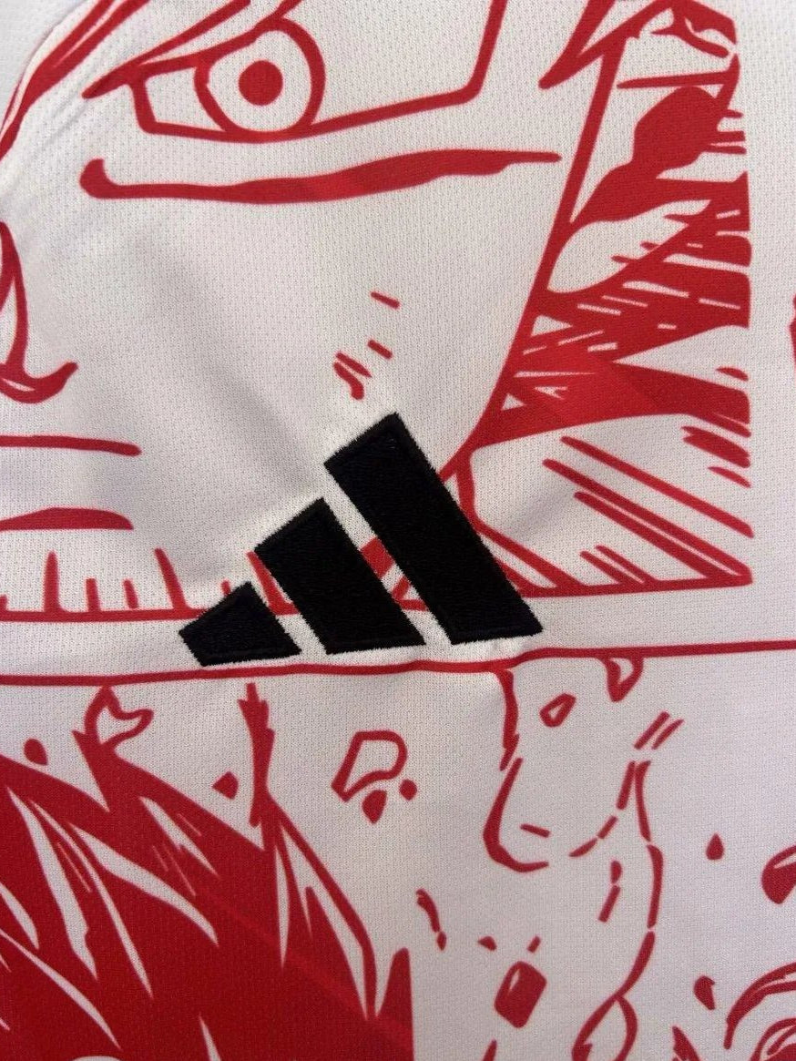 Premium Dragon Ball manga jersey with bold red comic panels and white background featuring authentic soccer styling
