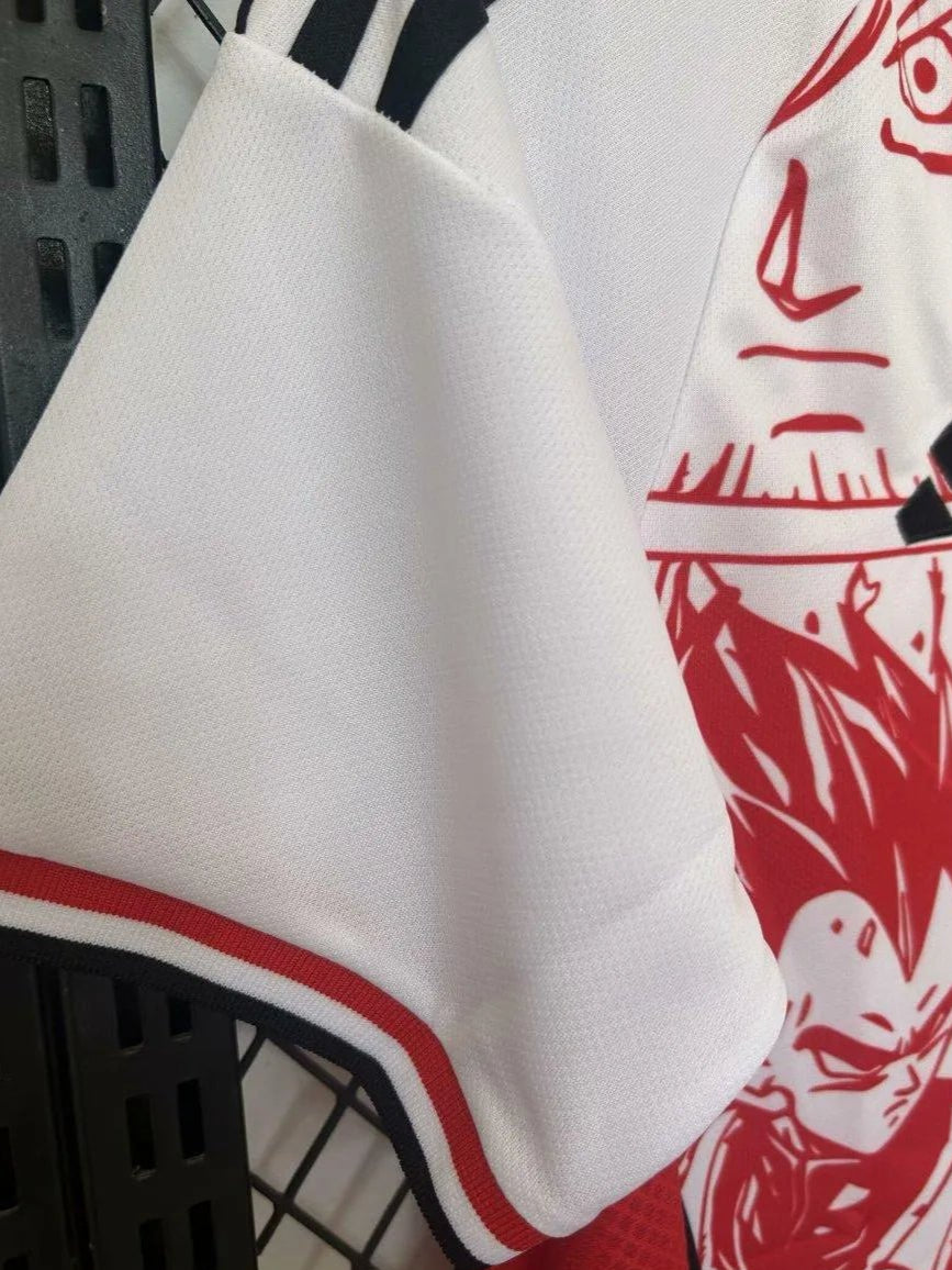 Japan soccer jersey with Dragon Ball red manga design combining crimson artwork and traditional football elements