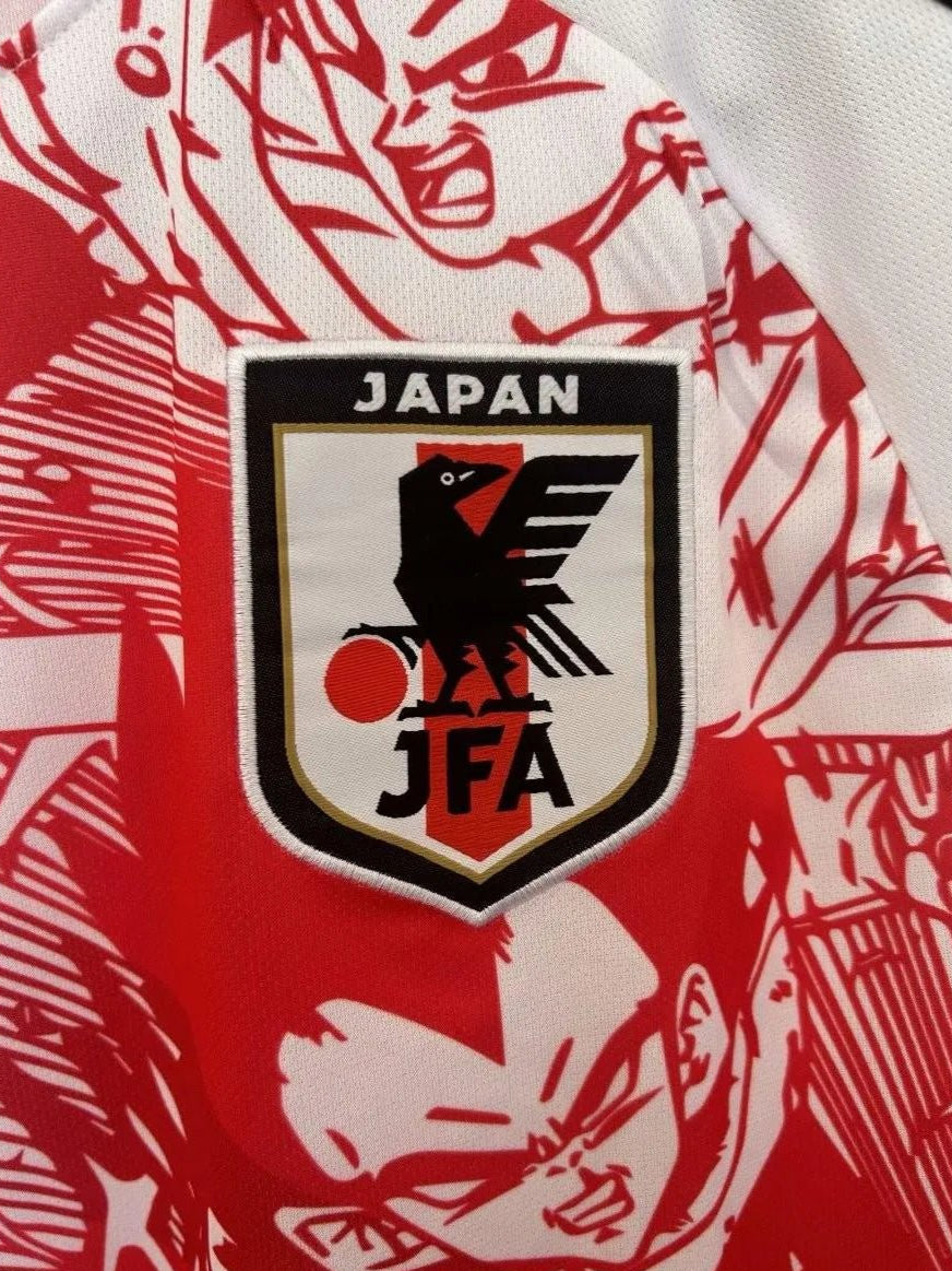 Dragon Ball jersey with red manga artwork showing battle scenes and characters on white base fabric with black trim