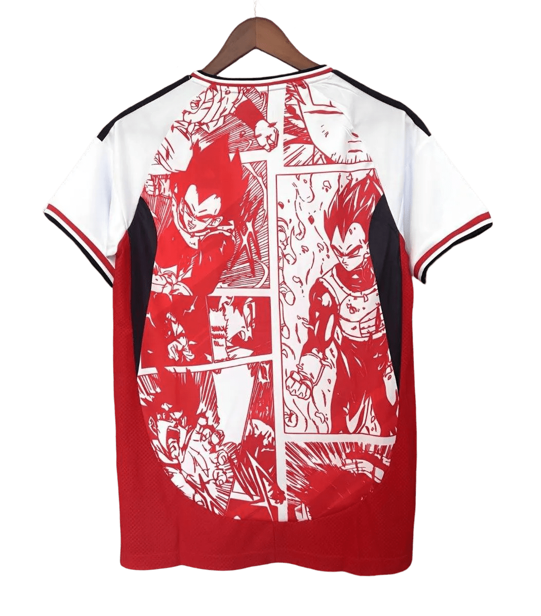 Dragon Ball red manga jersey with dramatic character panels, white base fabric and black collar trim details