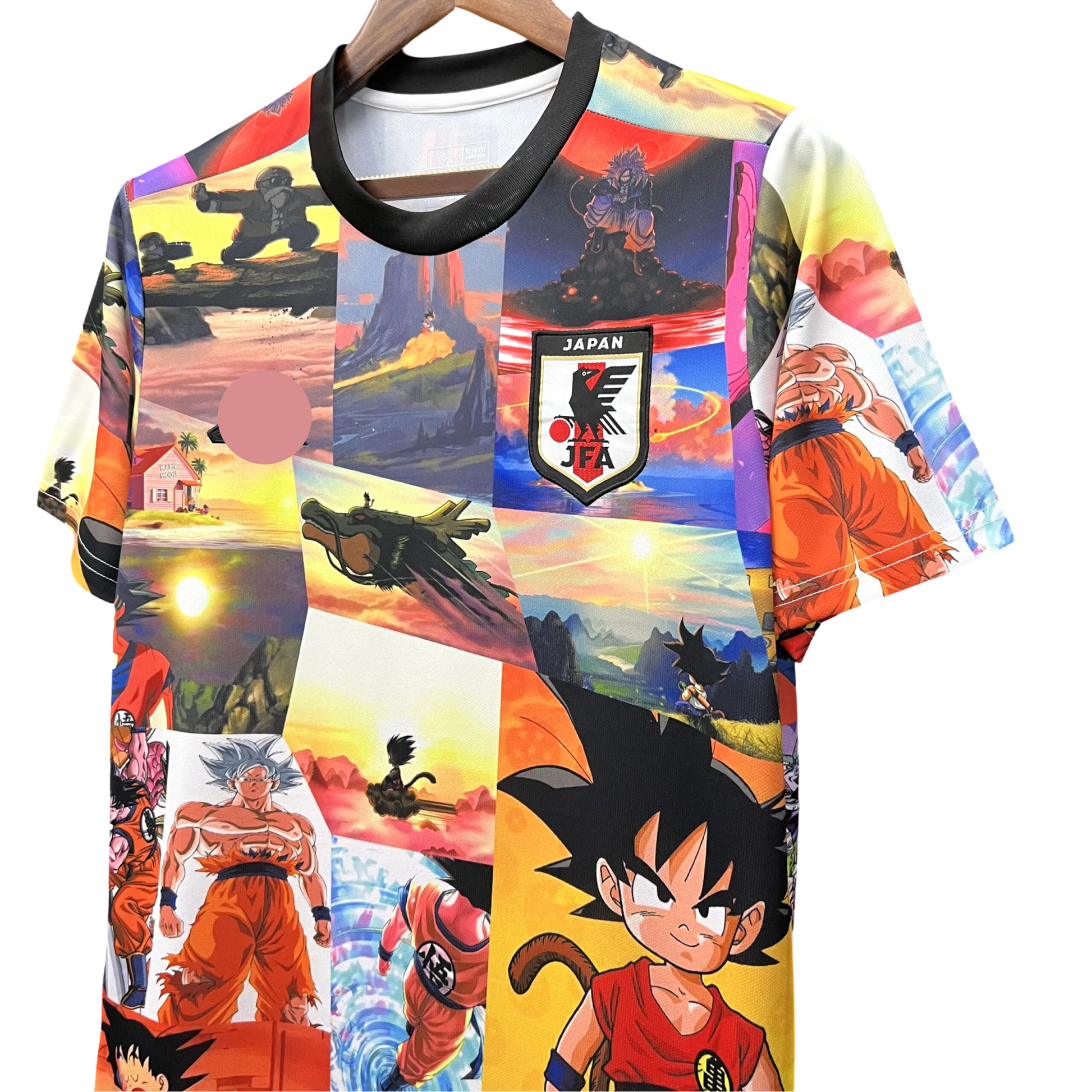 Japan soccer jersey with Goku special edition collage design combining multiple Dragon Ball story elements