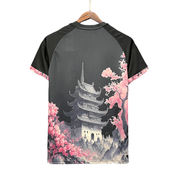 Japan pink dragon jersey close-up on black base with sakura contrast