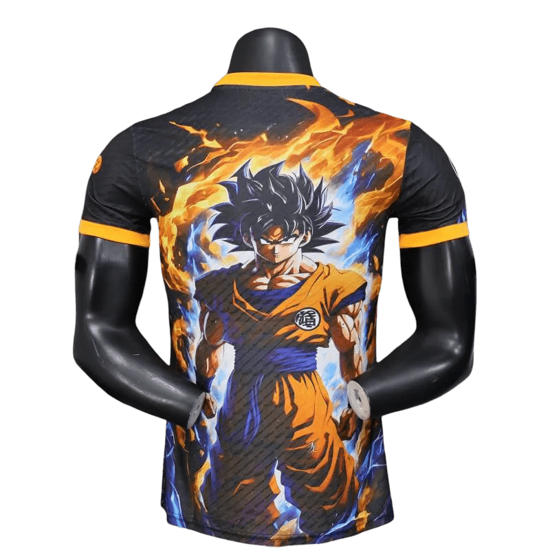 Goku Aura soccer jersey with Ultra Instinct power visualization and authentic football badge