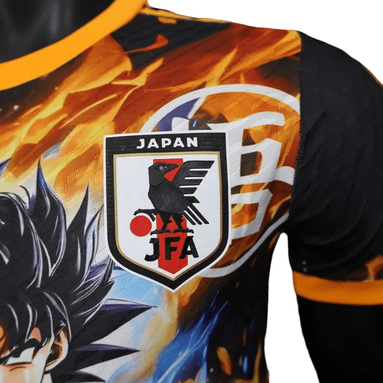Goku energy jersey with orange and blue aura flames creating powerful visual impact