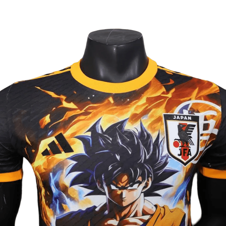 Japan Aura jersey showing Goku transformation with crackling energy and JFA logo placement