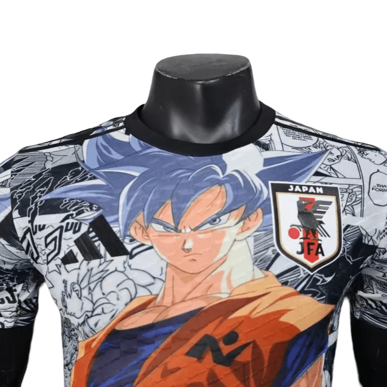 Goku Ultra Instinct jersey featuring mastered form with orange gi and detailed manga artwork background
