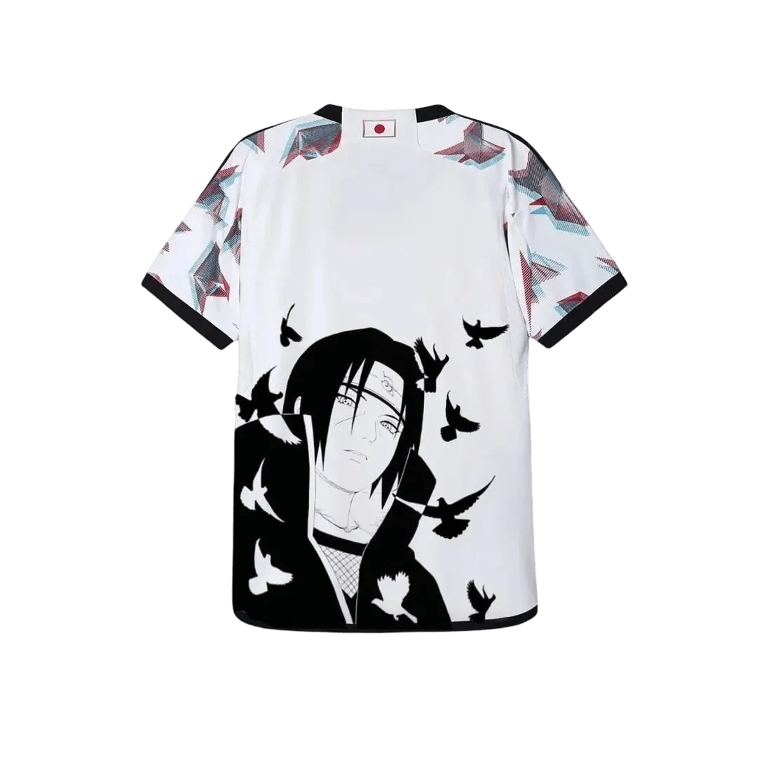 White Japan soccer jersey featuring anime-inspired design with Itachi Uchiha from Naruto, black crows, Konoha symbol