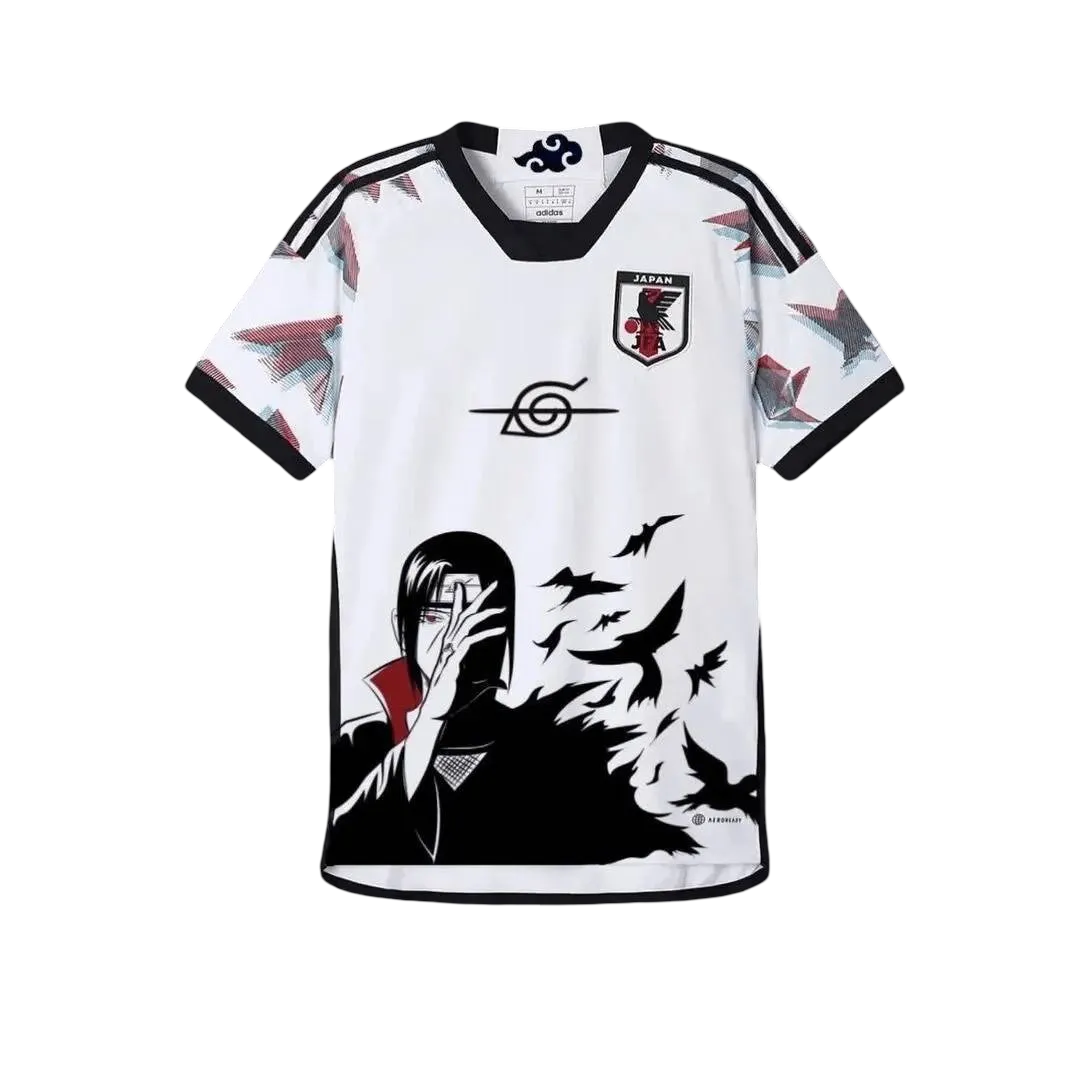 White Japan soccer jersey featuring anime-inspired design with Itachi Uchiha from Naruto, black crows, Konoha symbol, Adidas logo, and Japan national team crest