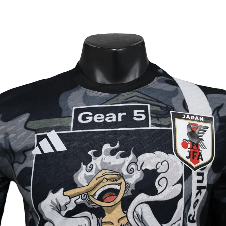 One Piece Luffy Gear 5 soccer jersey featuring black and white manga panel design with Liberation form