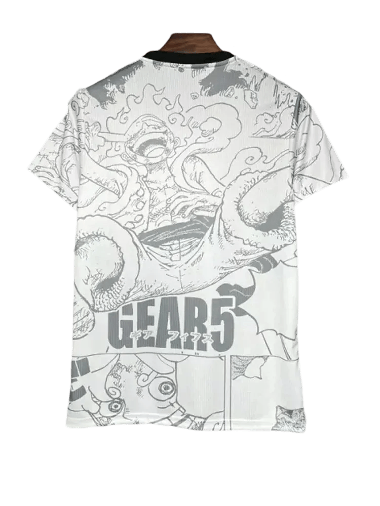 One Piece Luffy Gear 5 white soccer jersey featuring intricate line art sketch design