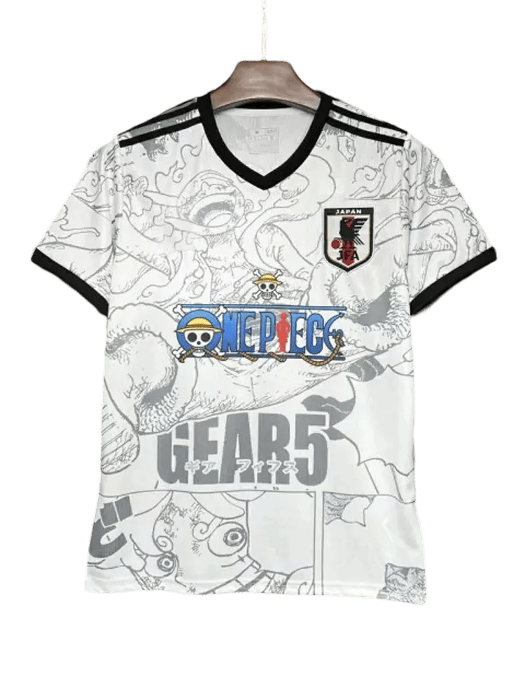 Luffy Gear 5 White Jersey with detailed sketch Liberation artwork and JFA logo by NipponKits Store