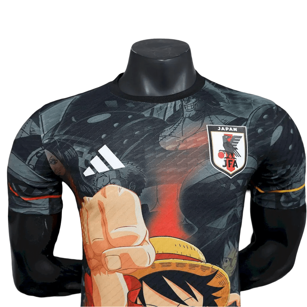 One Piece Luffy Straw Hat soccer jersey featuring iconic captain design with flame artwork