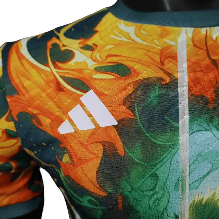 Green aura Zoro soccer jersey showcasing spiritual power manifestation with flame gradients
