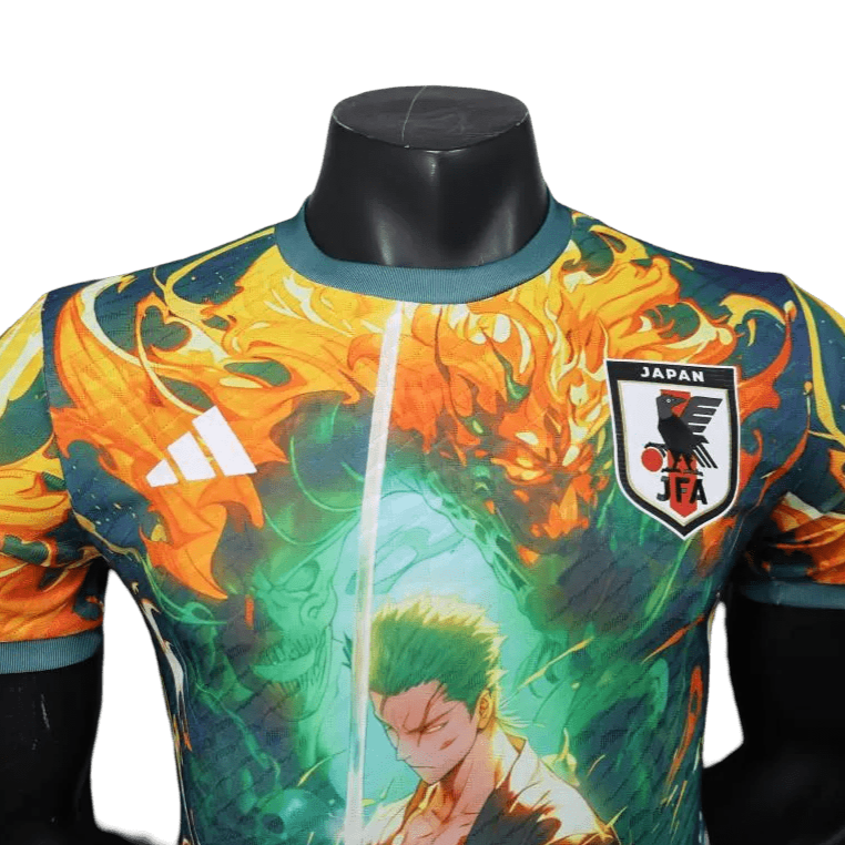 One Piece Zoro shirt featuring green spiritual aura with dynamic orange and blue energy currents