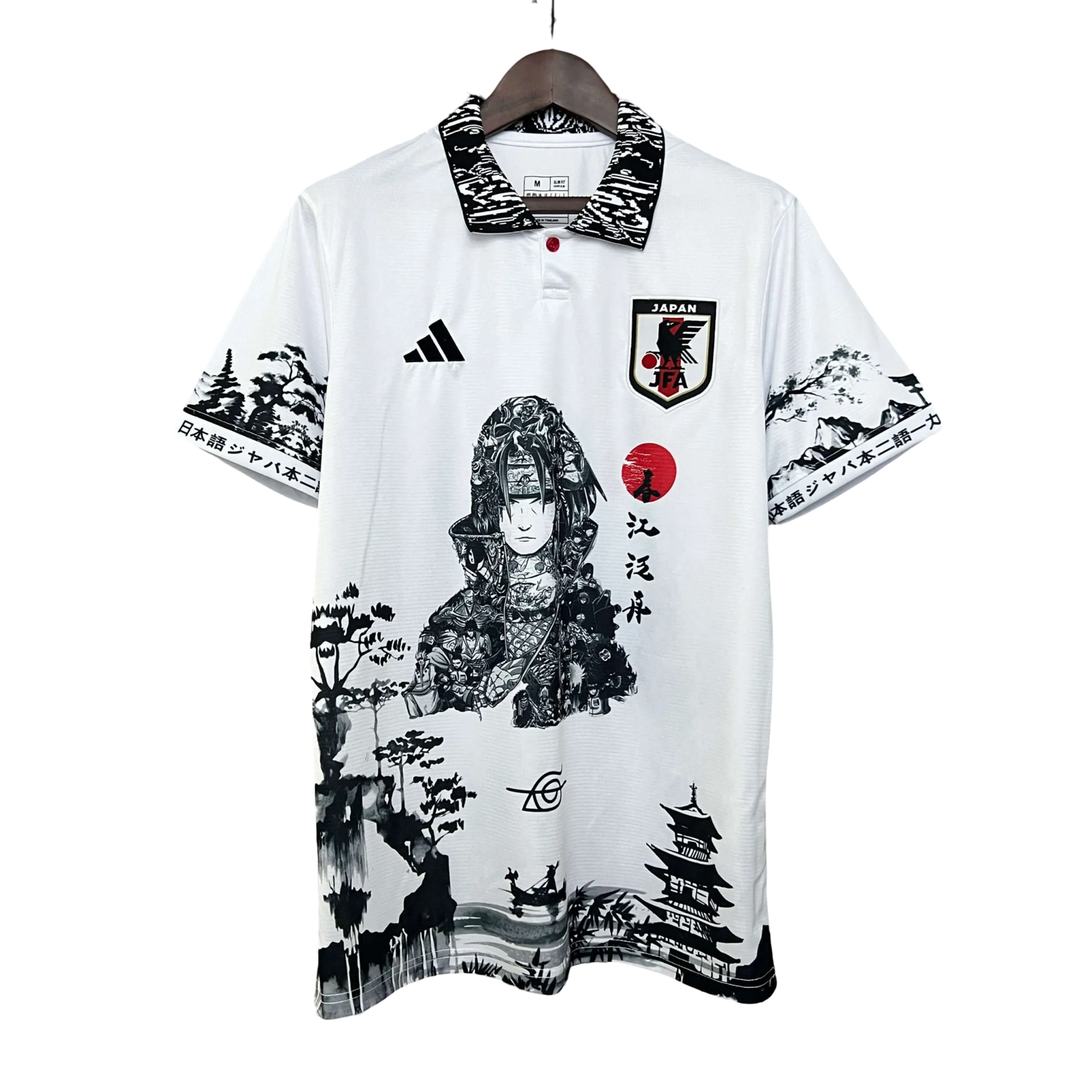 Sasuke Portrait White Jersey with traditional Japanese calligraphy and Uchiha clan artwork by NipponKits Store