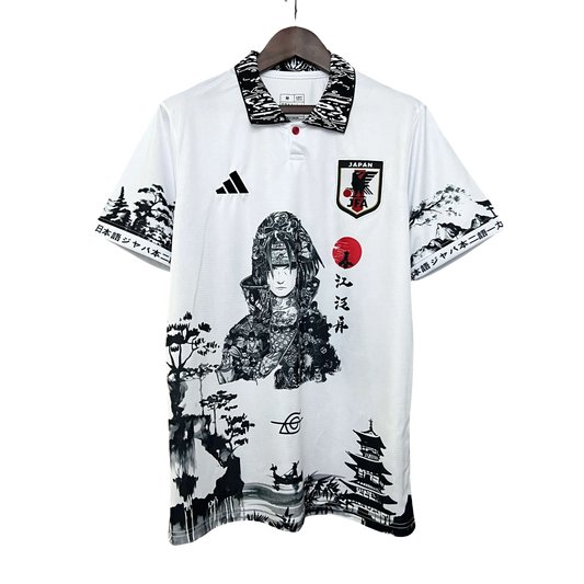 Sasuke Portrait White Jersey with traditional Japanese calligraphy and Uchiha clan artwork by NipponKits Store