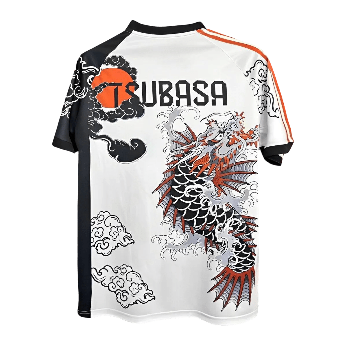 Premium Japan Katana shirt featuring authentic dragon tattoo design with vermillion TSUBASA lettering and cultural fusion elements