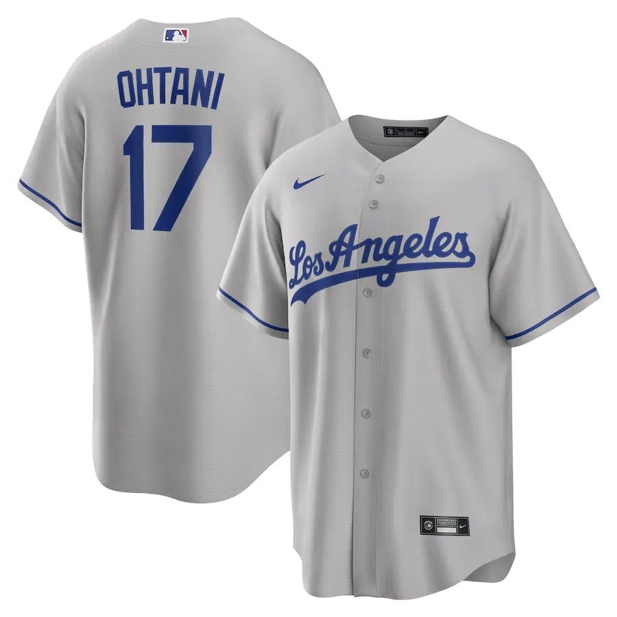 Shohei Ohtani gray jersey Dodgers away uniform Los Angeles blue script number 17 NIPPONKITS