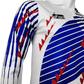 Long-sleeve sports shirt with red and blue pattern on a white background