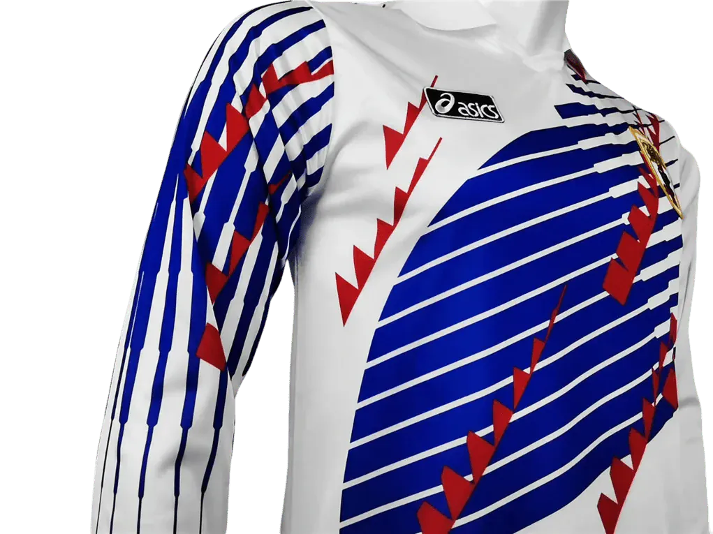 Long-sleeve sports shirt with red and blue pattern on a white background