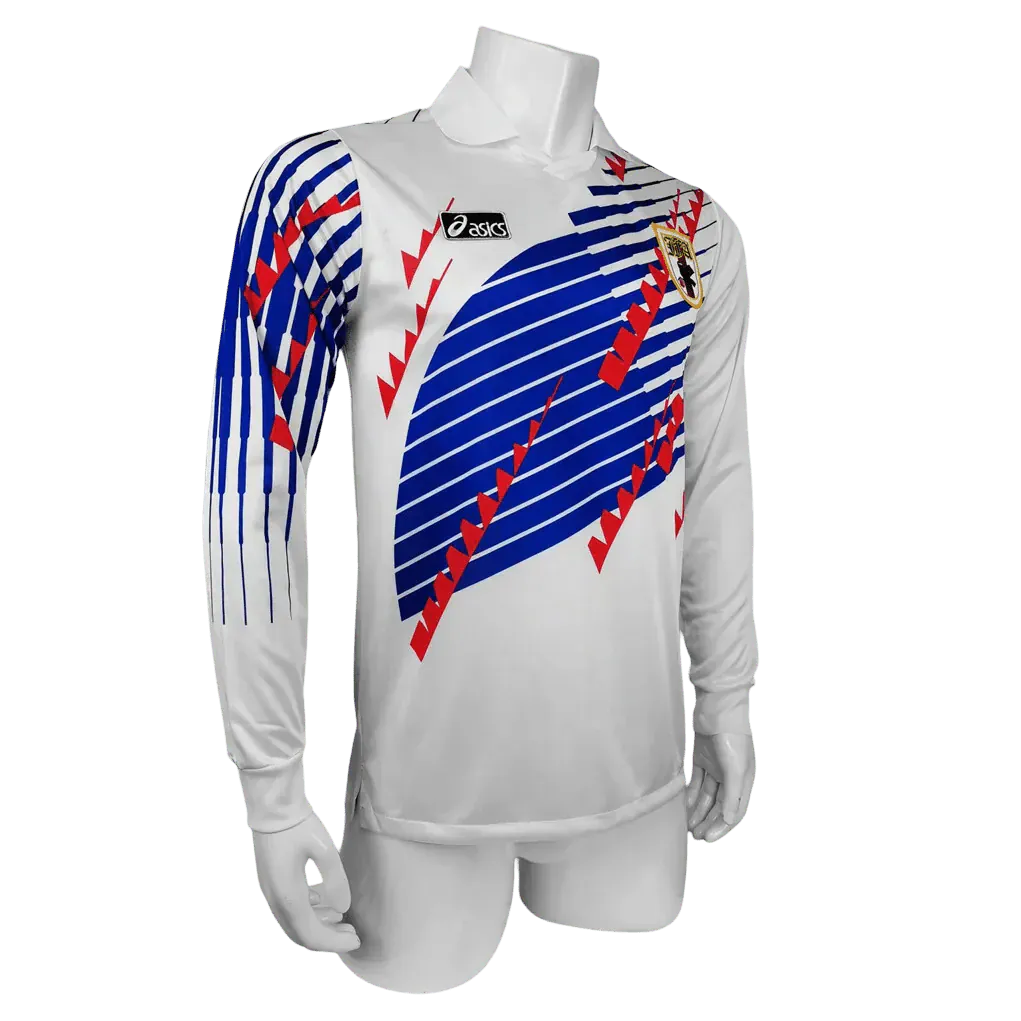 1994 Japan away kit white long sleeve asics football jersey with navy red stripes
