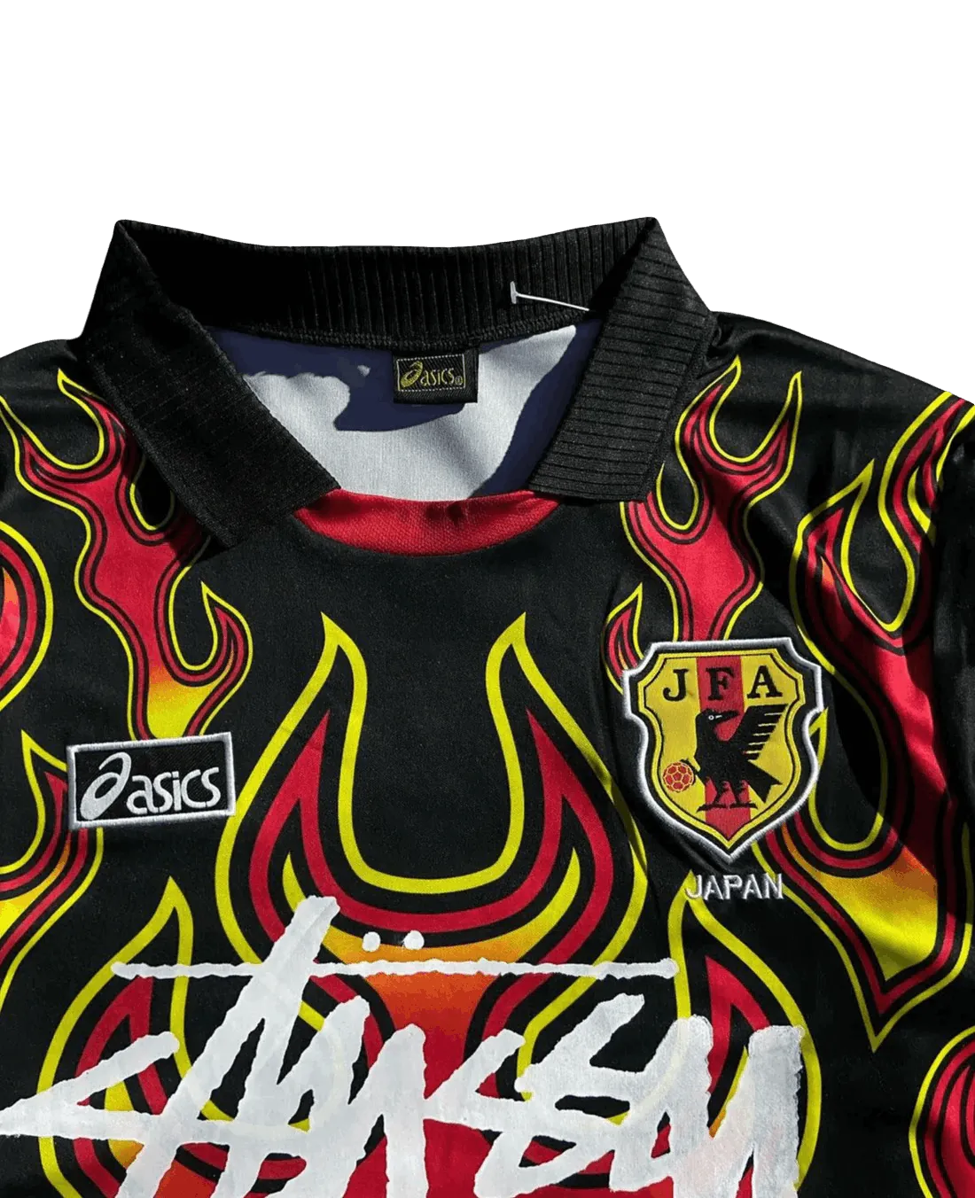 Detail of 1998 Japan goalkeeper long sleeve jersey polo collar JFA crest and Stussy print