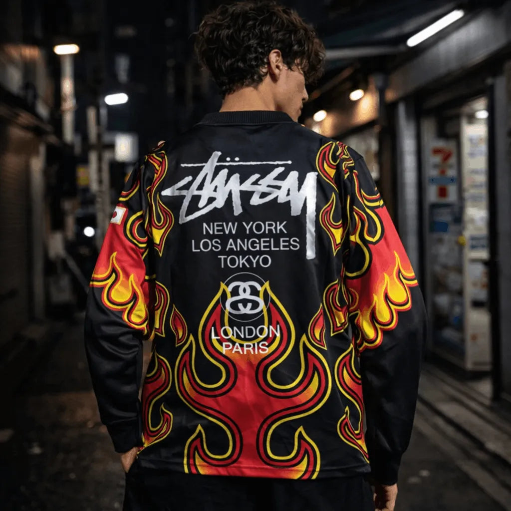 Back view of 1998 Japan goalkeeper long sleeve jersey black with red yellow flames and large Stussy print