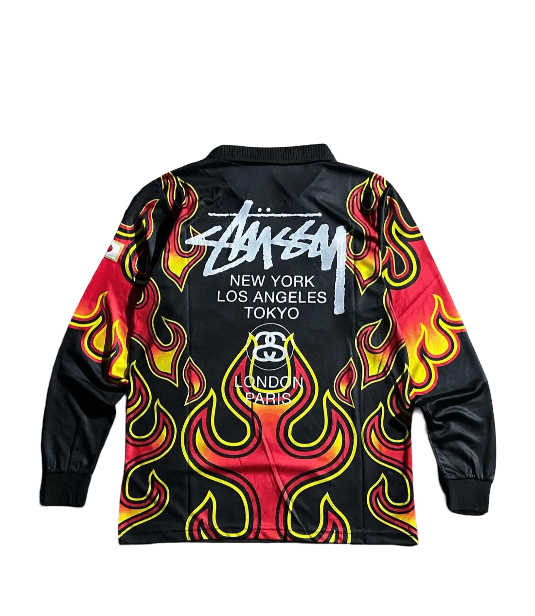 Flat back of 1998 Japan goalkeeper jersey long sleeve with large Stussy and city print