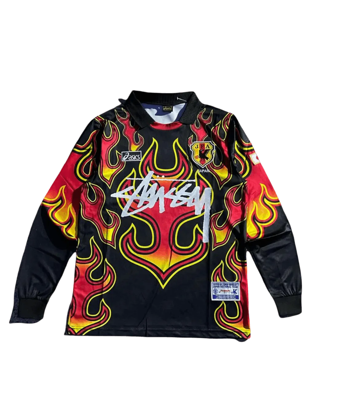 Flat front of 1998 Japan goalkeeper long sleeve jersey black with red yellow flame pattern