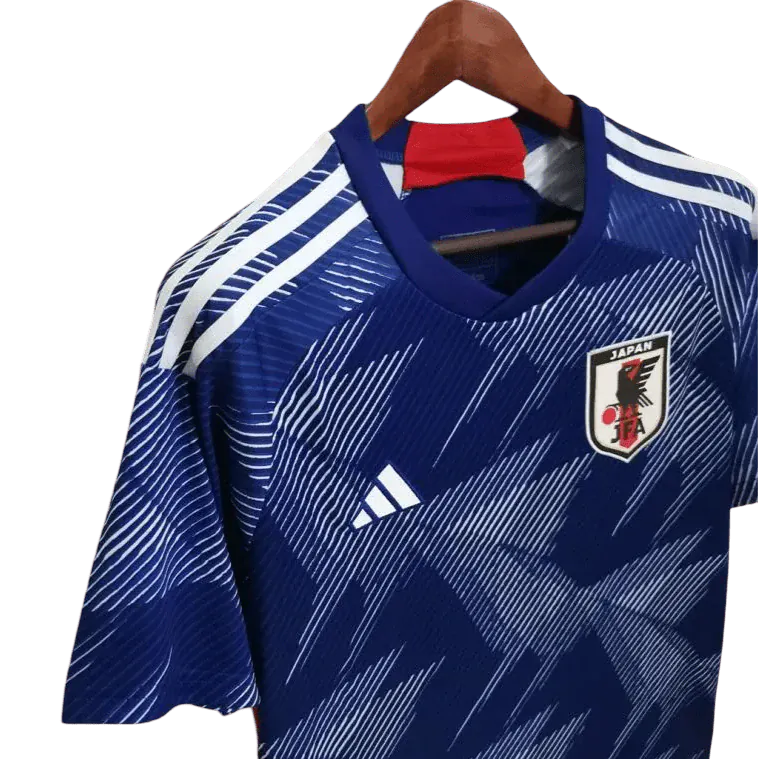 Japan jersey 2022 home showing blue colorway with geometric graphics worn during victories over Spain and Germany