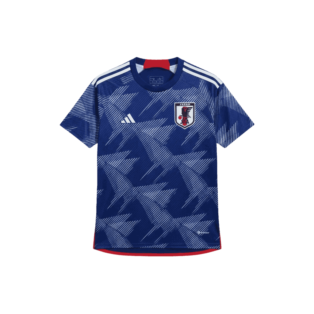 Japan 2022 World Cup home jersey blue soccer shirt with white graphic pattern, JFA crest, Adidas logo, Samurai Blue design