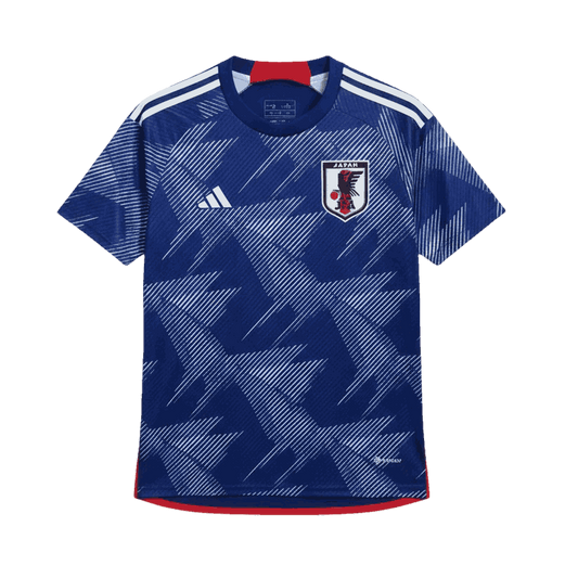 Japan 2022 World Cup home jersey blue soccer shirt with white graphic pattern, JFA crest, Adidas logo, Samurai Blue design