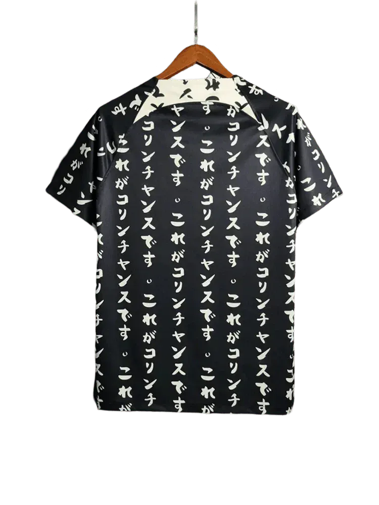 Corinthians 2022/23 third kit black back view with all-over white Japanese vertical script pattern, black base, typography concept football shirt