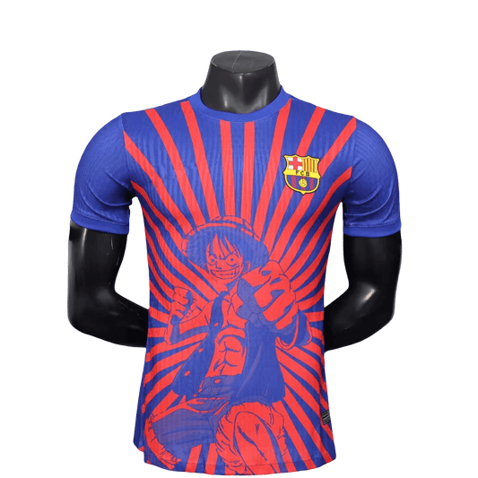 FC Barcelona inspired soccer jersey featuring a vibrant blue and red design with an illustration of Luffy from One Piece in the center, radiating red stripes, and the FCB club crest on the chest