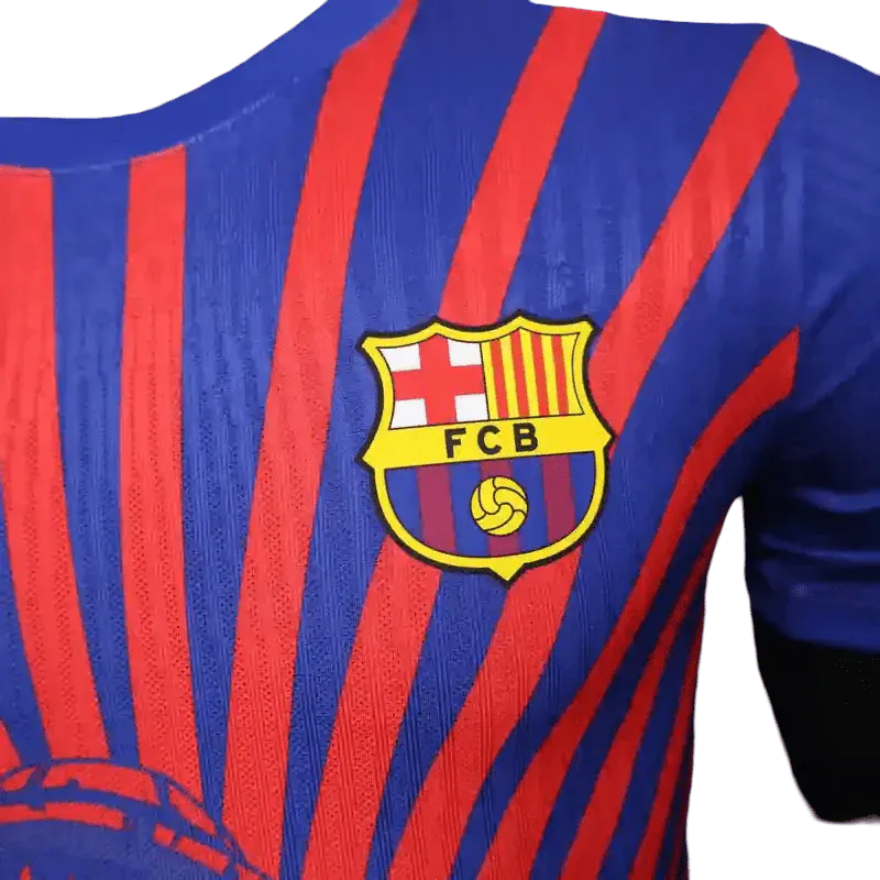 Barcelona anime jersey with Luffy character in dynamic sunburst radiating design